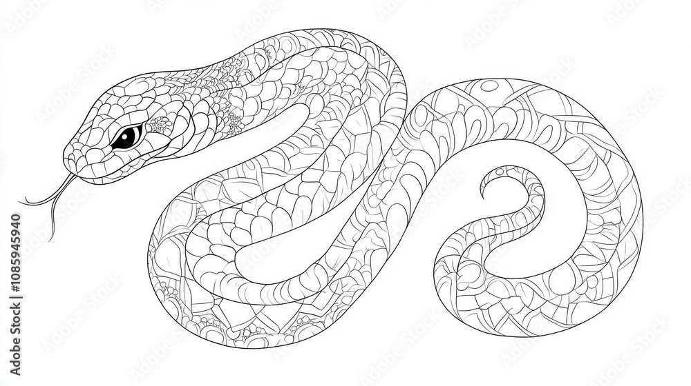 Obraz premium Black-and-White Snake Coloring Stencil with Patterns