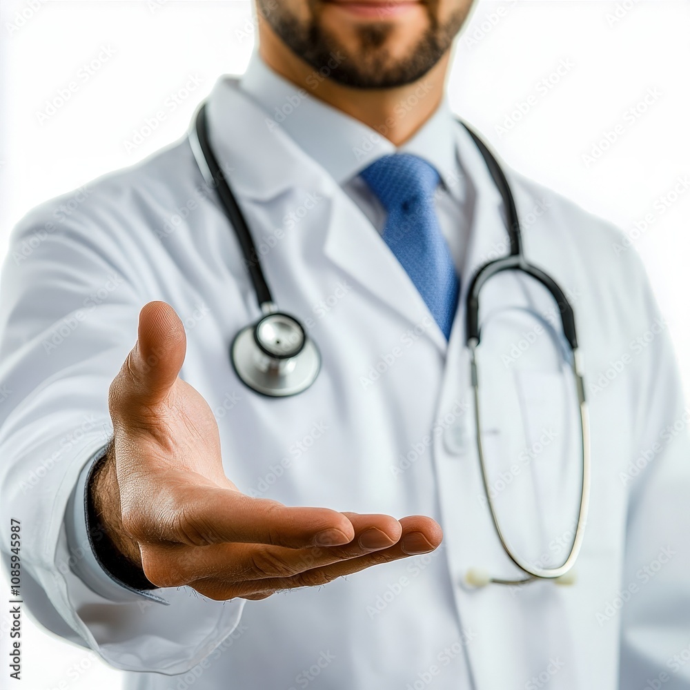 A doctor reaching out with a welcoming hand, embodying professionalism and compassion in healthcare. A doctor reaching out with a welcoming hand, embodying professionalism and compassion in healthcare.