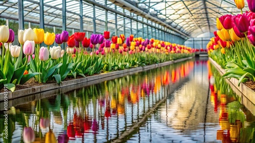 Wallpaper Mural Colorful tulips and their reflection in water in a greenhouse Torontodigital.ca