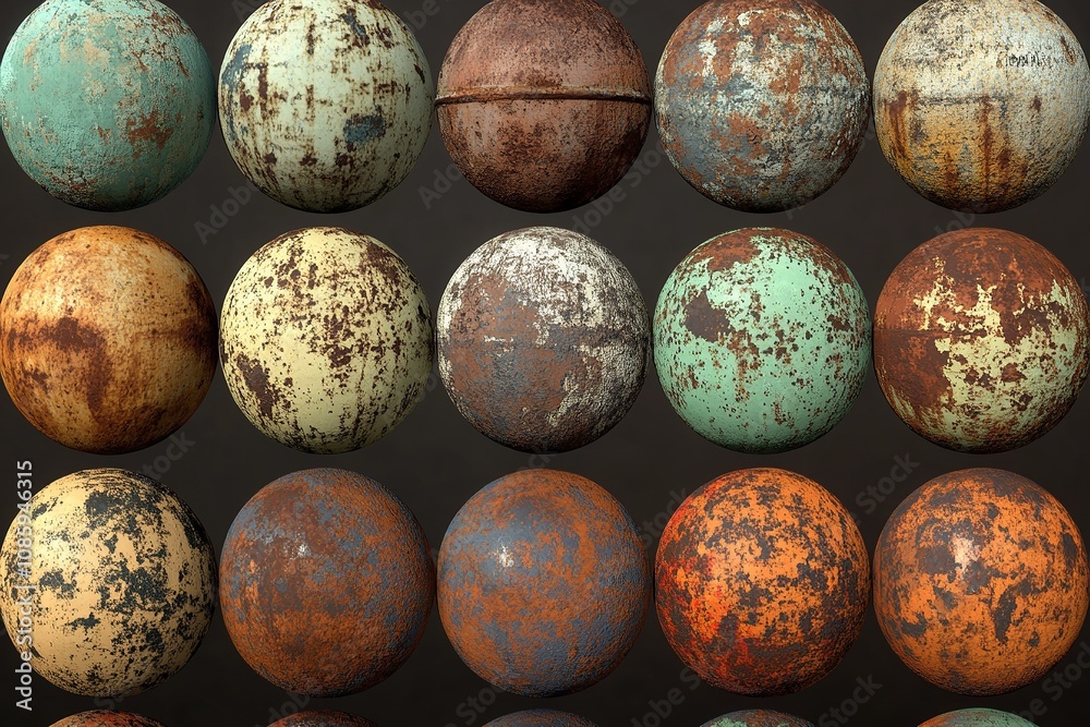 Rusty metal spheres with weathered textures. Rusty metal spheres with weathered textures.
