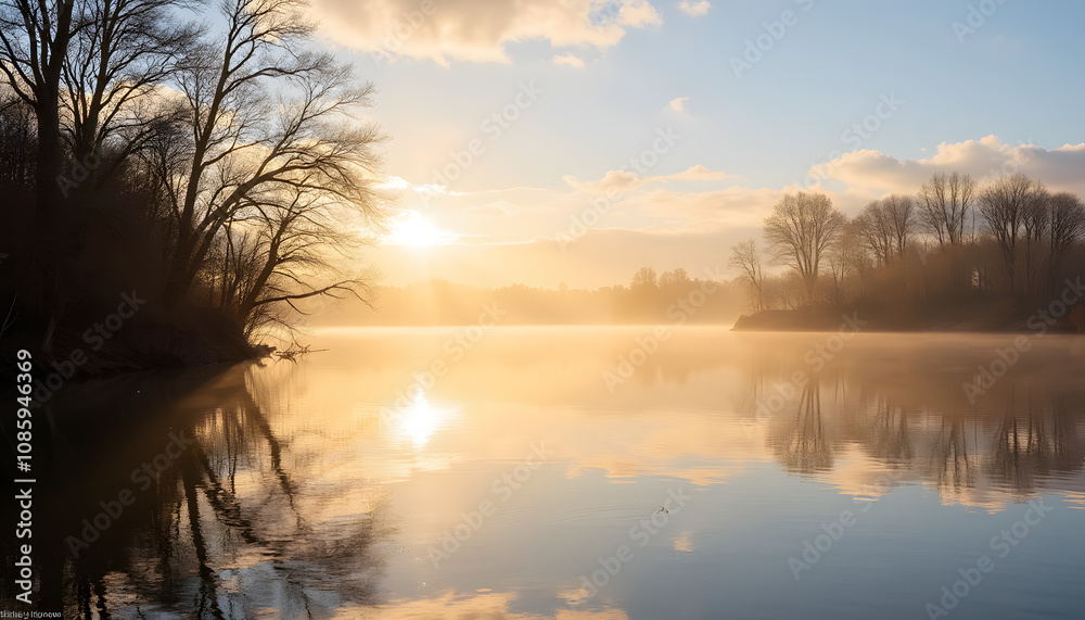 Gentle March morning sunlight over a calm lake, over which a light fog rises Gentle March morning sunlight over a calm lake, over which a light fog rises