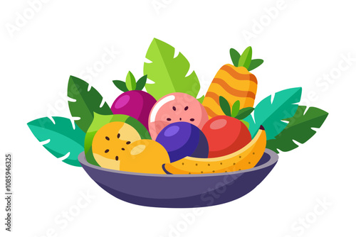 Decorative Bowl of Assorted Tropical Fruits with Fresh Leaves for Garnish