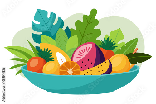 Decorative Bowl of Assorted Tropical Fruits with Fresh Leaves for Garnish