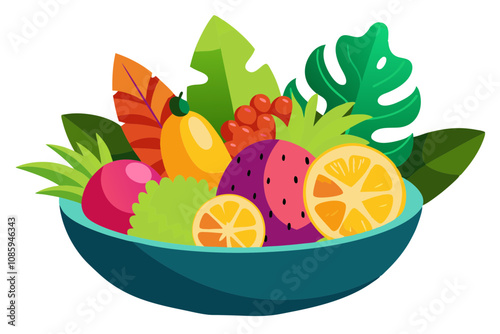Decorative Bowl of Assorted Tropical Fruits with Fresh Leaves for Garnish