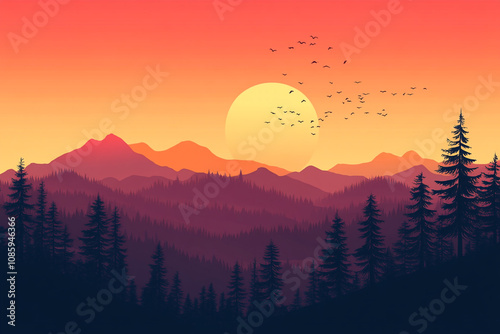 Sunset Over Mountains and a Pine Forest Landscape