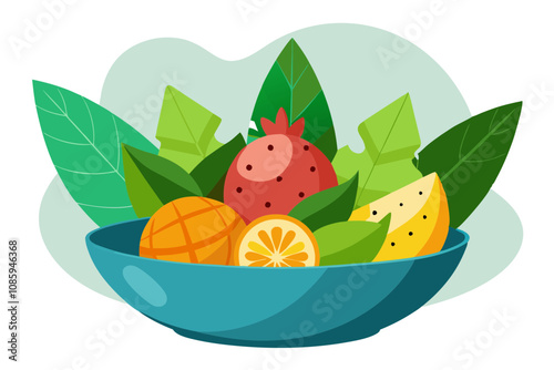 Decorative Bowl of Assorted Tropical Fruits with Fresh Leaves for Garnish