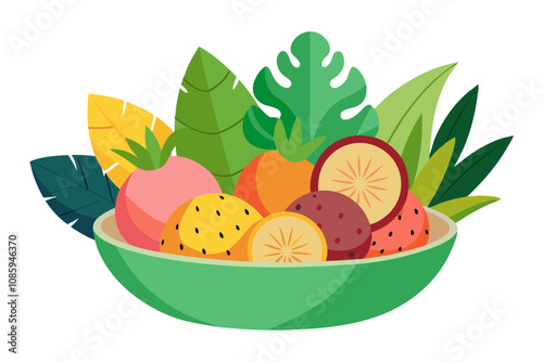 Decorative Bowl of Assorted Tropical Fruits with Fresh Leaves for Garnish