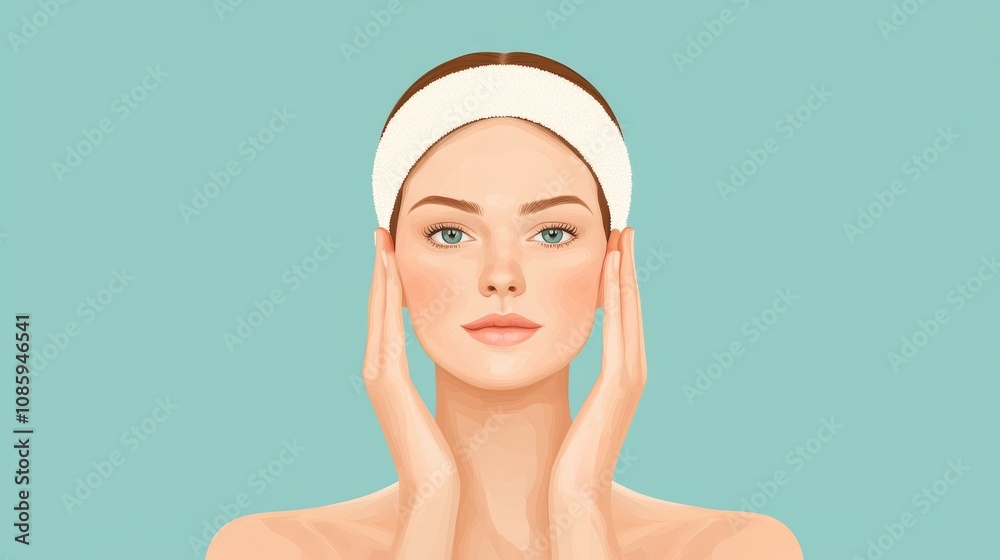 A serene illustration of a woman with a headband gently massaging her face, promoting skincare and self-care. A serene illustration of a woman with a headband gently massaging her face, promoting skincare and self-care.