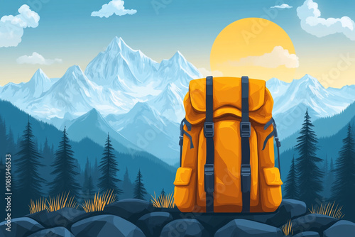 Orange Backpack Rests Against Majestic Mountain Range