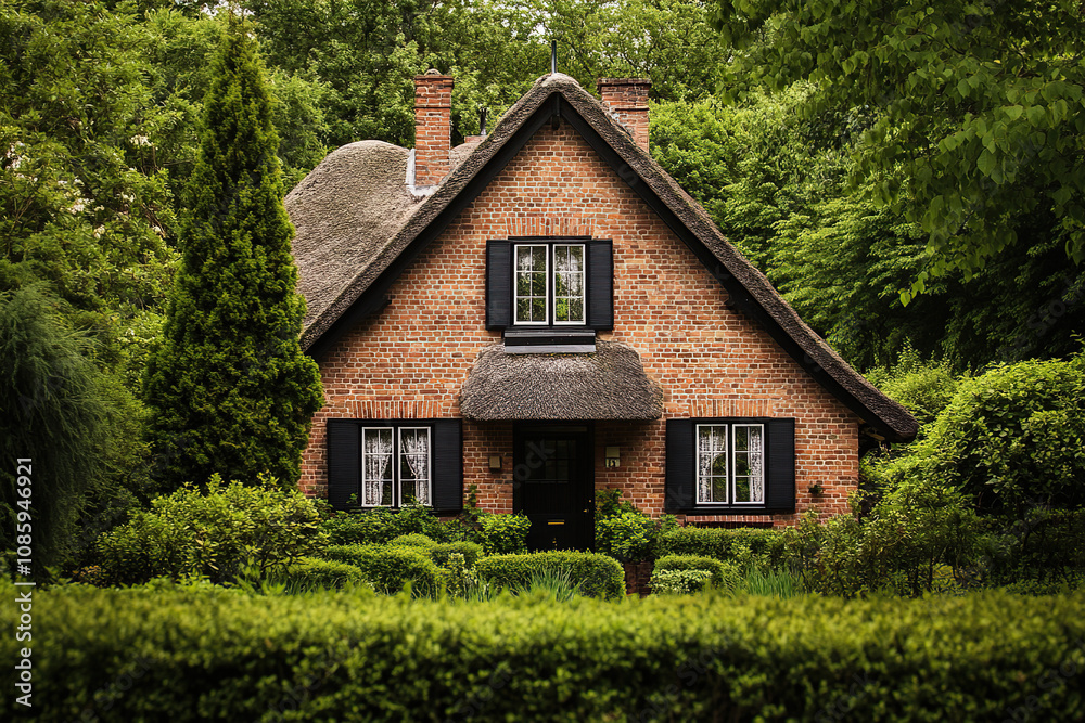 A charming brick house with a thatched roof nestled in lush greenery, surrounded by hedges and trees. The front door is a black wooden door with two windows on each side of it. A charming brick house with a thatched roof nestled in lush greenery, surrounded by hedges and trees. The front door is a black wooden door with two windows on each side of it.
