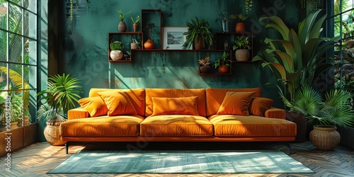 Wallpaper Mural Creating a cozy indoor garden living space with a vibrant orange sofa and lush plants Torontodigital.ca
