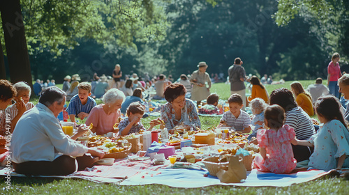 A large family picnic in a park with grandparents parents and children sharing food playing games and relaxing on blankets. photo