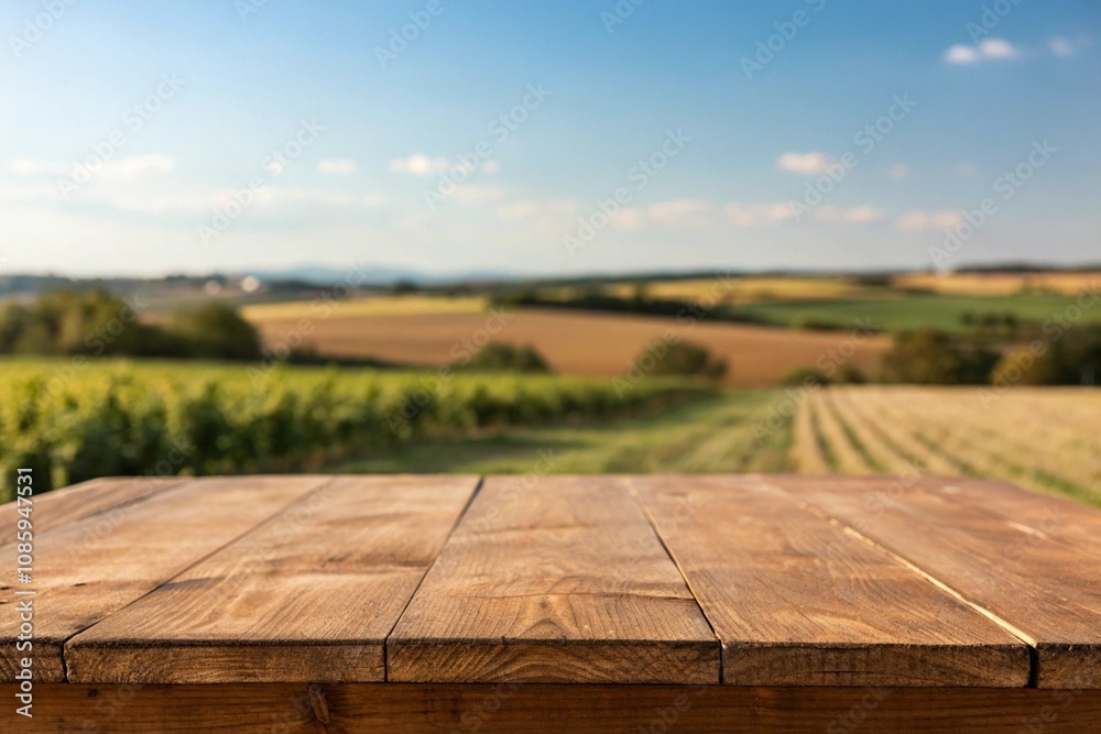 Obraz premium An empty brown wooden table in front of a vineyard, with a blurred farmland and blue sky in the background
