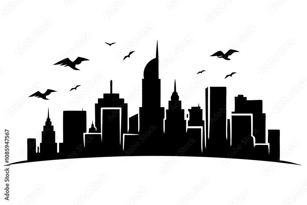 Obraz premium Silhouette of City Skyline with Dramatic Sunset and Flying Birds