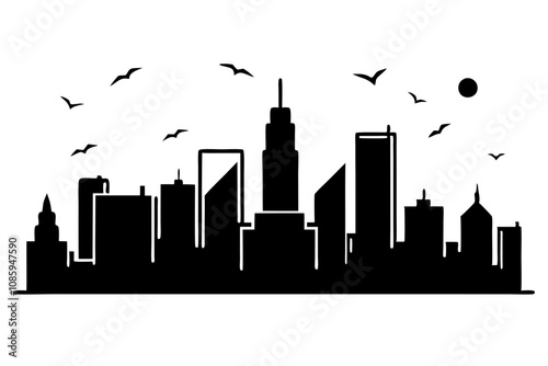 Silhouette of City Skyline with Dramatic Sunset and Flying Birds