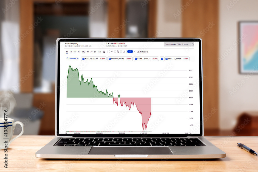 A laptop in a home office displaying a stock chart A laptop in a home office displaying a stock chart