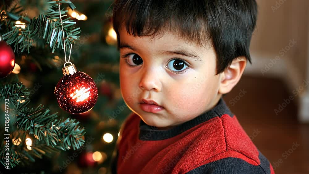 Curious child admiring christmas ornament on festive tree with sparkling lights Curious child admiring christmas ornament on festive tree with sparkling lights