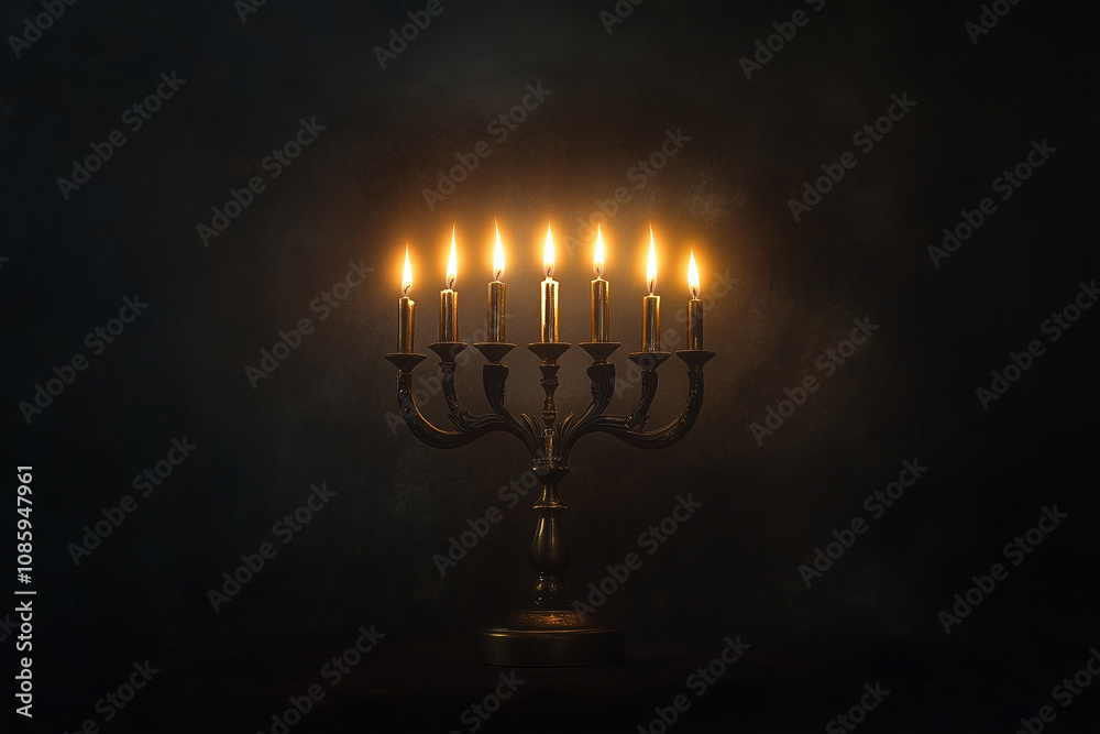 Golden menorah with eight glowing candles casting a warm serene light on a dark moody background 