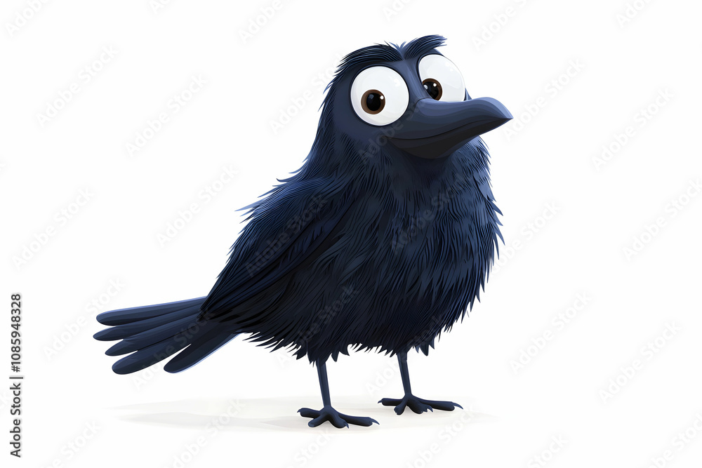 Fototapeta premium Cartoonish Black Bird with Large Eyes and Fluffy Feathers, Standing Quirky Against a White Background, Perfect for Whimsical s and Cheerful Designs