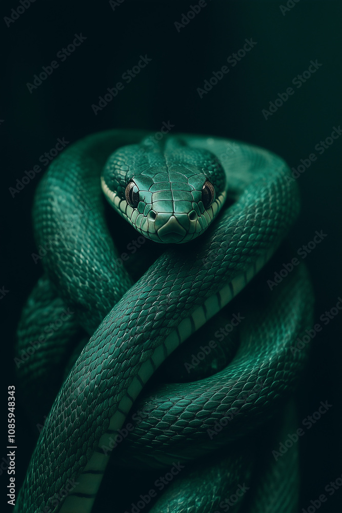 Green snake wrapped around it, against a black background Green snake wrapped around it, against a black background