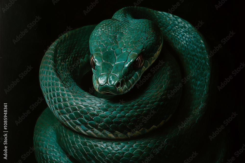 Fototapeta premium Green snake wrapped around it, against a black background
