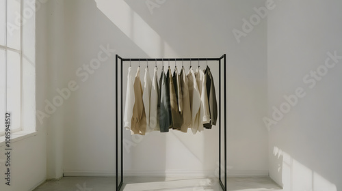 A minimalist clothing rack in a boutique with neutral-colored garments made from recycled fabrics set against a white wall.
