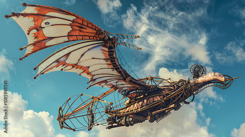 A Visionary Depiction of a Flying Machine or Ornithopter, Combining Intricate Mechanics with Imaginative, Futuristic Design