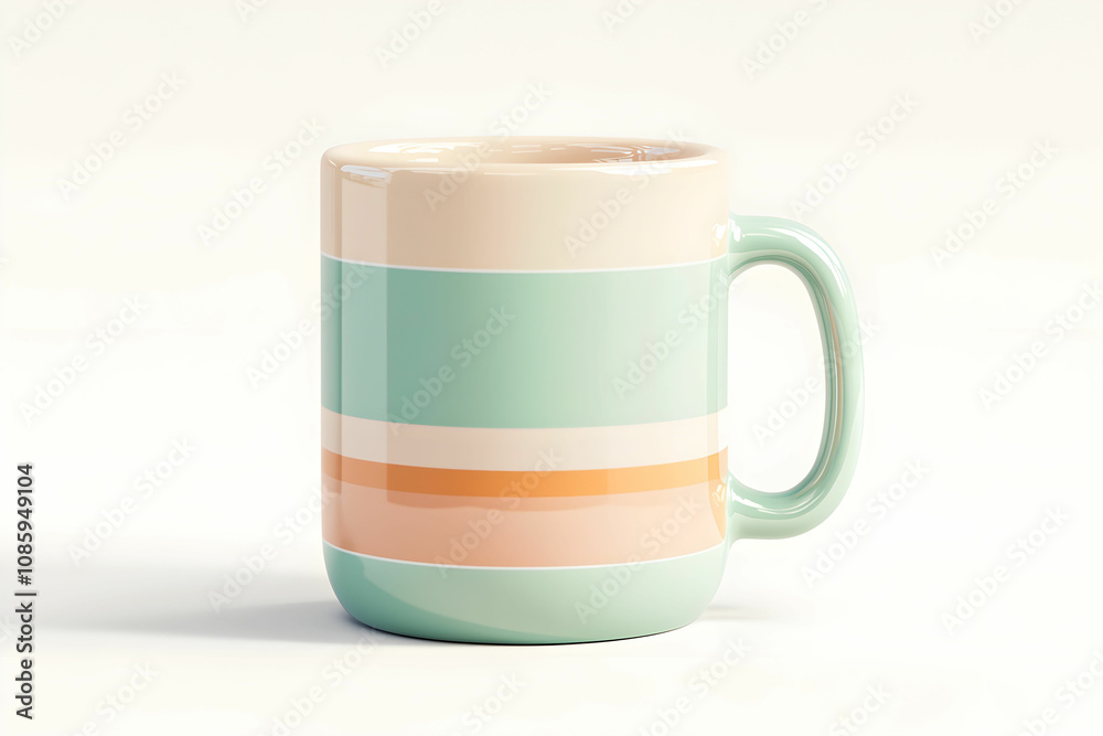 Obraz premium Colorful Ceramic Mug with Stripes Design, Ideal for Coffee or Tea, Displaying Soft Pastel Shades of Mint Green, Peach, and Cream Against a Light Background