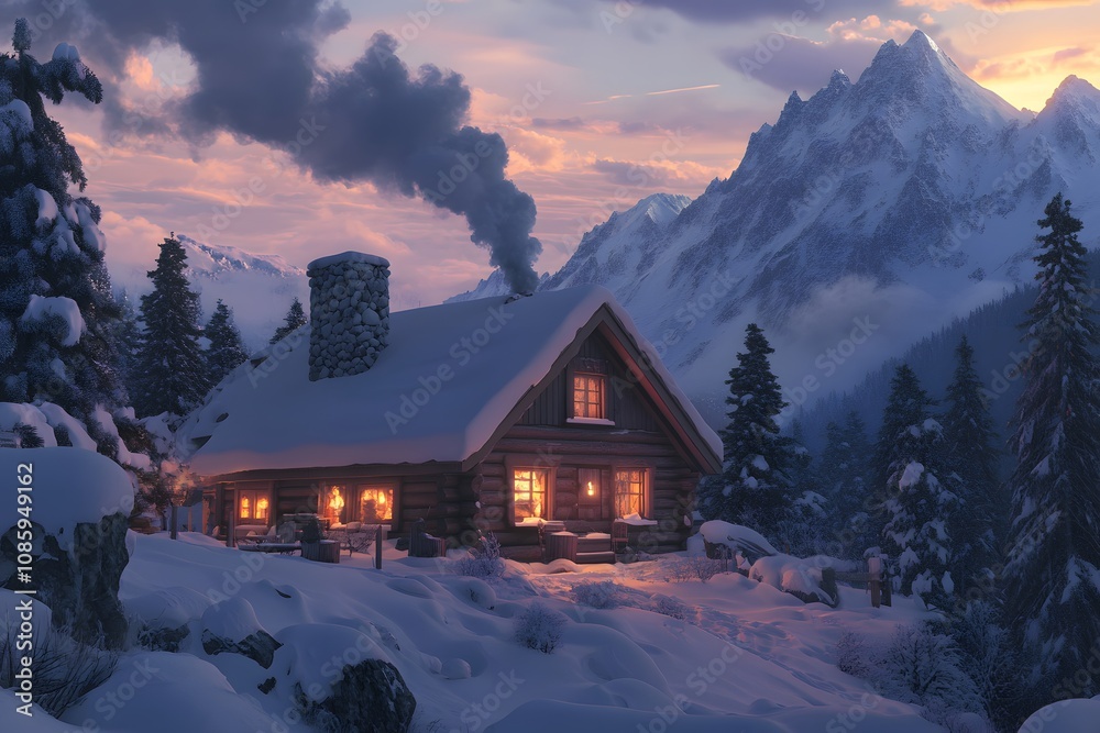 Fototapeta premium Snowy Cabin Surrounded by Winter Trees, Majestic Mountains, and a Cozy Warm Light Glow