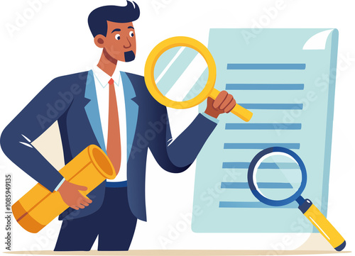 businessman with magnifying glass transparent png illustration for document analysis and research.