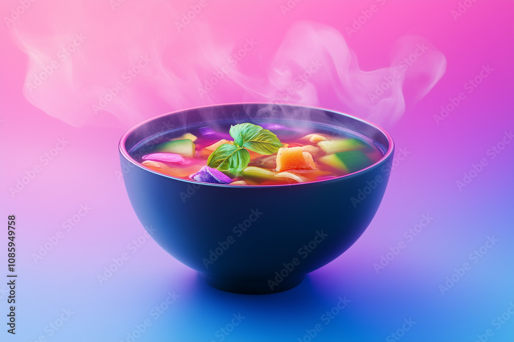 A steaming bowl of ozoni soup with colorful ingredients isolated on a gradient background A steaming bowl of ozoni soup with colorful ingredients isolated on a gradient background