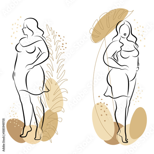 Collection. Silhouette of a female figure and plant leaves. The girl is standing. The lady is full of beauty and sexuality. The girl is overweight vector illustration set.