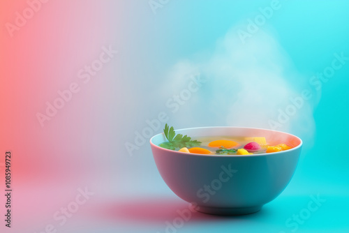 A steaming bowl of ozoni soup with colorful ingredients isolated on a gradient background