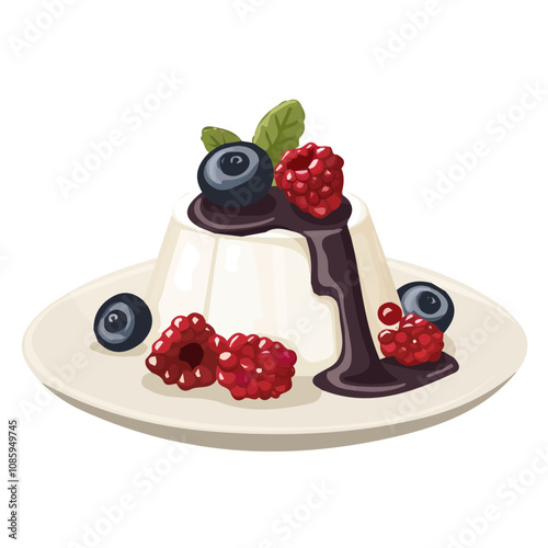 2D flat Simple panna cotta with berry sauce in plate, motion graphic flat-design vector animation style, in white background, flat design, animation design, vector, flat design, animation design,  AI
