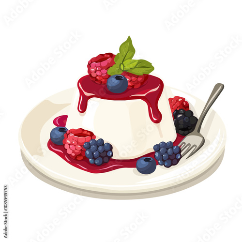 2D flat Simple panna cotta with berry sauce in plate, motion graphic flat-design vector animation style, in white background, flat design, animation design, vector, flat design, animation design,  AI
