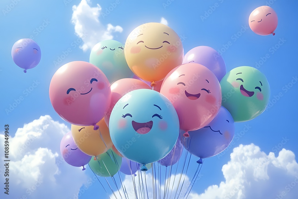 Colorful Balloons with Smiling Happy Faces Floating in a Sunny Sky Creating Joyful Atmosphere Colorful Balloons with Smiling Happy Faces Floating in a Sunny Sky Creating Joyful Atmosphere