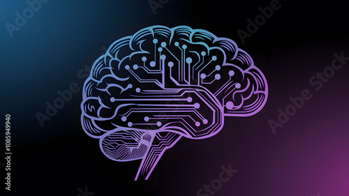 A digital illustration of a brain with circuit patterns, symbolizing artificial intelligence and technology.