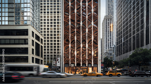 A modern high-rise building with patterned windows stands amidst busy city streets in an urban environment