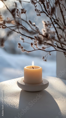  Solitary candle in minimalist holder on snowy surface, with soft shadows and blurred winter landscape beyond, evoking peace and introspection. photo