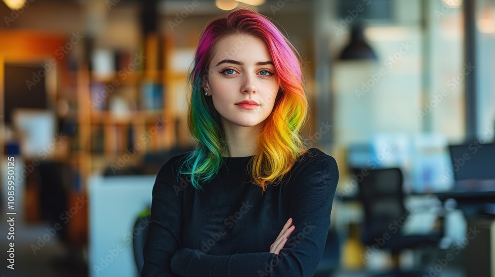 A young woman with vibrant rainbow hair in an office setting A young woman with vibrant rainbow hair in an office setting