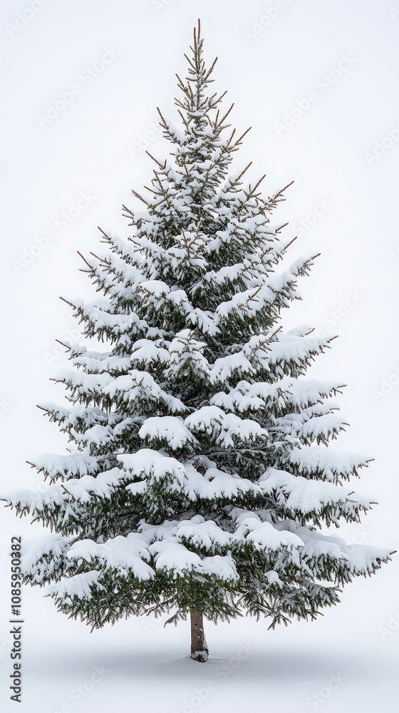 Traditional pine tree with heavy snow, unadorned and centered on completely white background, evoking serene winter beauty and natural elegance. Traditional pine tree with heavy snow, unadorned and centered on completely white background, evoking serene winter beauty and natural elegance.