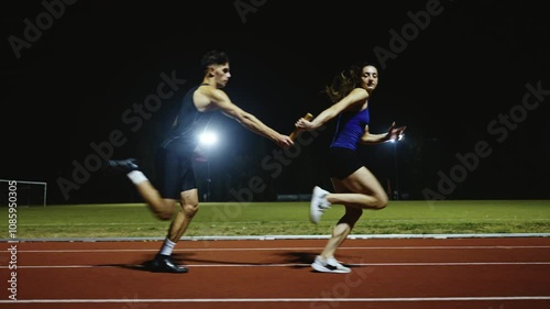 Athletes couple, male and female running a relay race and pass the baton on the athletics race track