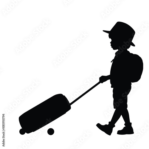 a black silhouette of a child walking with a suitcase.