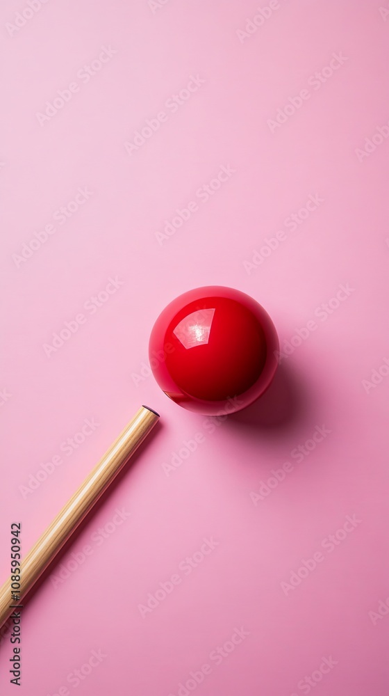 Snooker Red Ball and Cue Stick on Pink Table Snooker Red Ball and Cue Stick on Pink Table