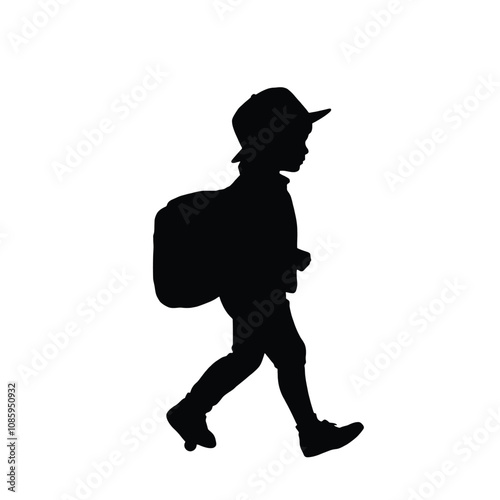 a black silhouette of a child walking with a suitcase.