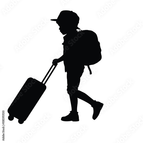 a black silhouette of a child walking with a suitcase.