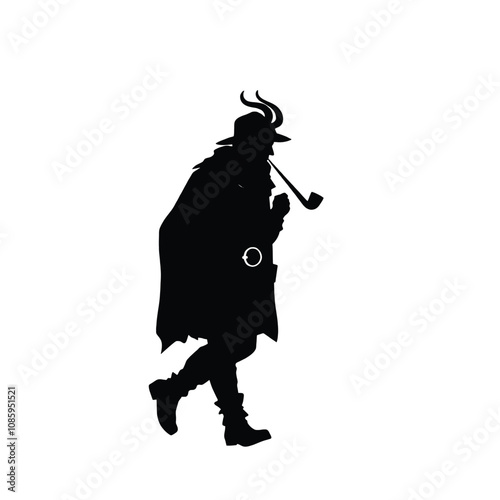 a black silhouette of a man walking with a pipe in his mouth