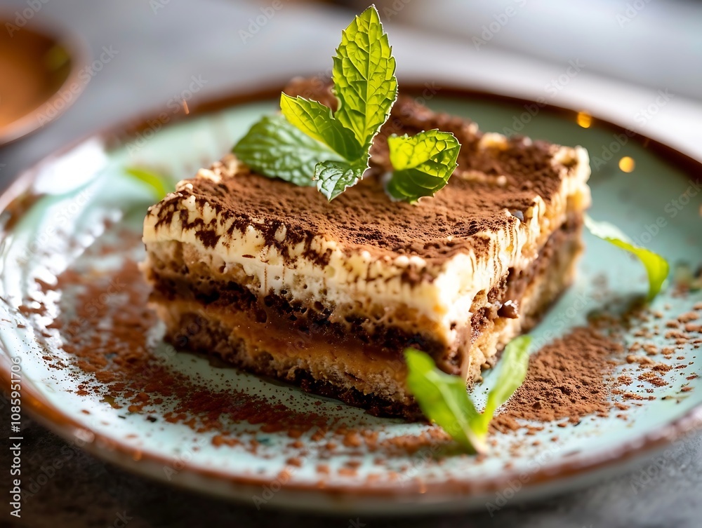 Tiramisu cake on a white plate on a wooden table