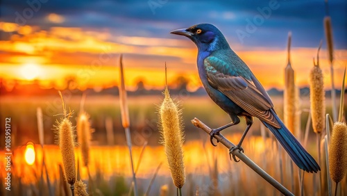 Common grackle bird perching on dry reed at sunset