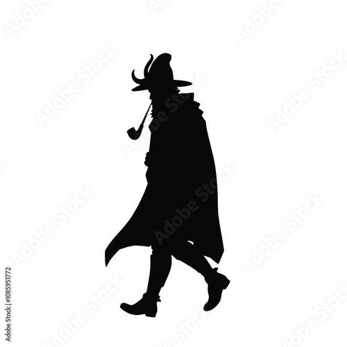 a black silhouette of a man walking with a pipe in his mouth